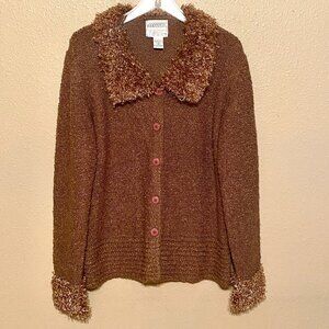 SIDEFFECTS Brown Boucle Knit Cardigan Jacket Fluffy Collar Cuffs 80s Size (M)